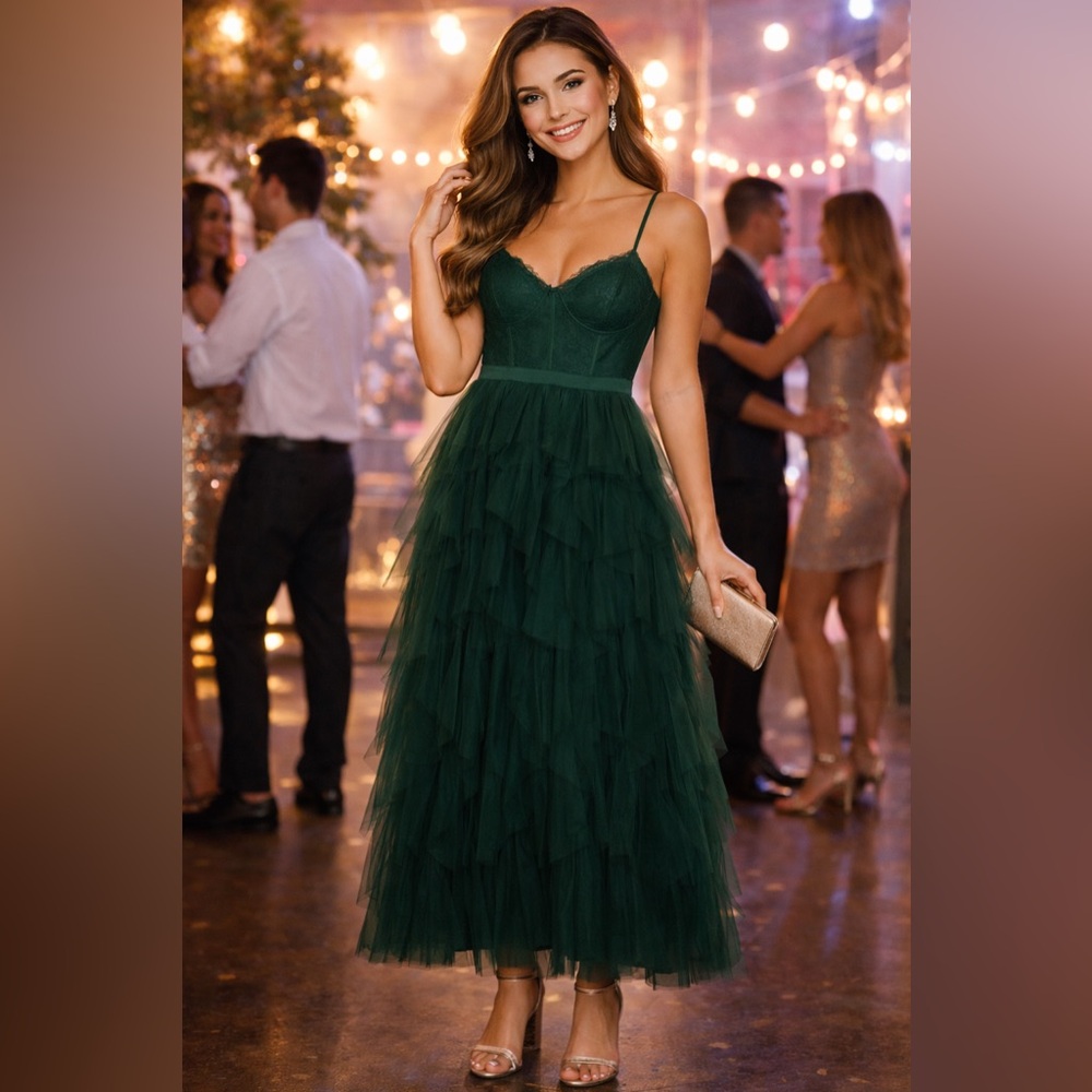 Altar’d State dark green tulle ruffle maxi dress